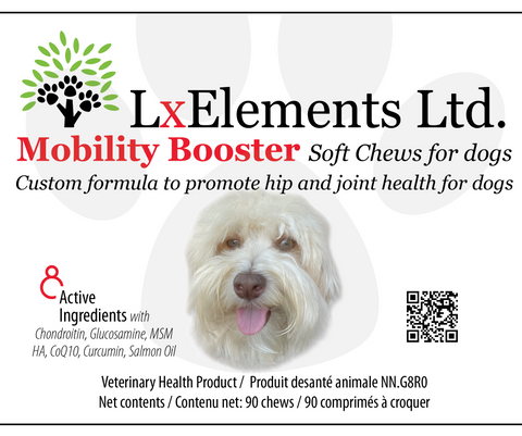 LxElements Ltd. Mobility Booster hip & joint soft chews for dogs 8 Active Ingredients Glucosamine Chondroitin MSM HA CQ10 Salmon Oil Curcumin VHP